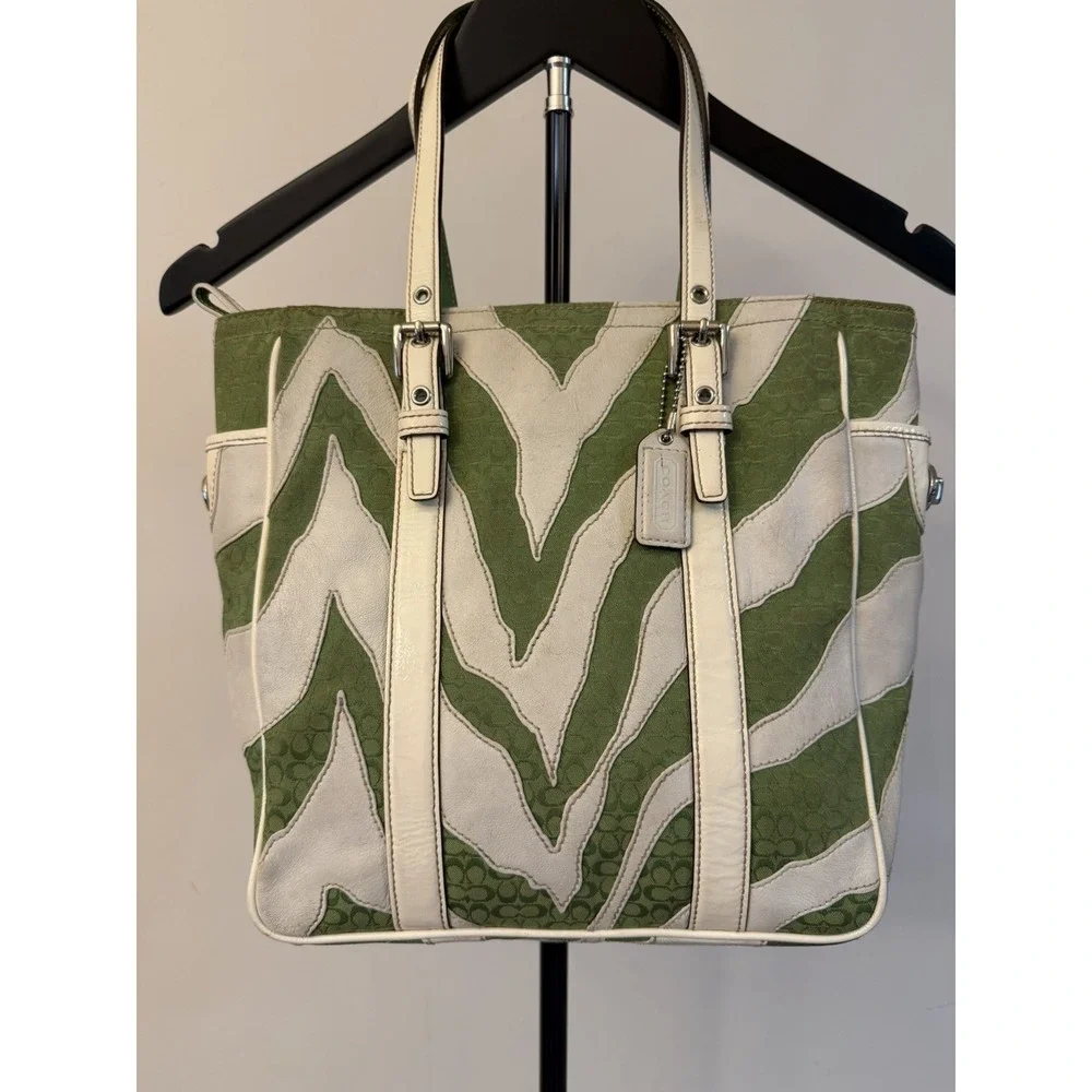 Coach Green And White Zebra Stripe Tote